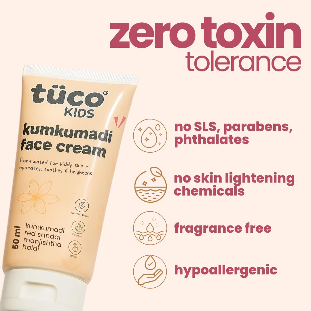 Tuco® Kids Kumkumadi Face Cream | Lightweight, Non Greasy & Fast Absorbing | Infused with Kumkumadi, Red Sandal Majistha & Turmeric | Fights Tan, Brighten Skin & Reduce Dull Spots | SLS & Paraben Free | Safe for Baby-50gm