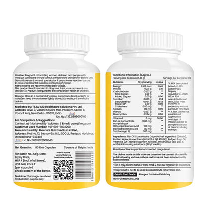 Tata 1mg Salmon Omega 3 Fish Oil Supplements 1000mg Capsules | Triglyceride form | 180mg EPA & 120mg DHA | High Absorption for Heart,Brain & Joints | Helps Manage Cholesterol