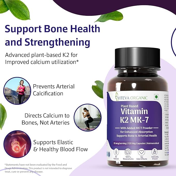 Vitamin K2 MK7 (Menaquinone-7) 55mcg 120 Veg Capsules Plant Based Vitamin K2 Supplement with MCT Powder for higher absorption - K2 MK7 Supports Strong Bones & Heart Health for Men & Women