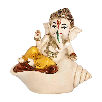 Lord Ganesh Idol 13 x 12 cm | Colourful Polyresin Statue of Ganesh Sitting on Shell | Handcrafted Decorative Figurine for Pooja Mandir, Home Temple, Showcase & Gifting