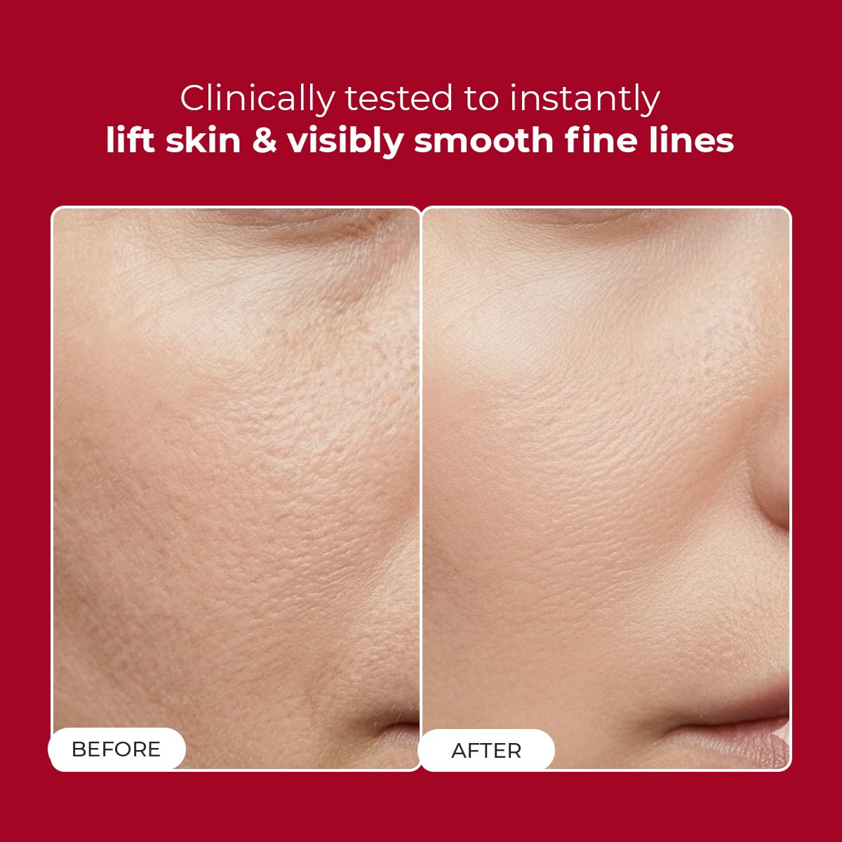 Before and after comparison of skin texture with text on a red background