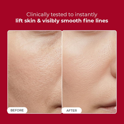 Before and after comparison of skin texture with text on a red background