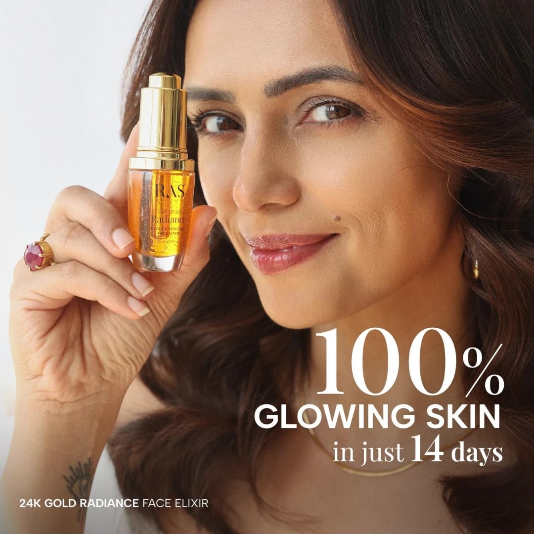 Woman holding a bottle of 24K Gold Radiance Face Elixir with text claiming 100% glowing skin in 14 days.