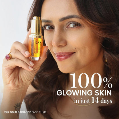 Woman holding a bottle of 24K Gold Radiance Face Elixir with text claiming 100% glowing skin in 14 days.