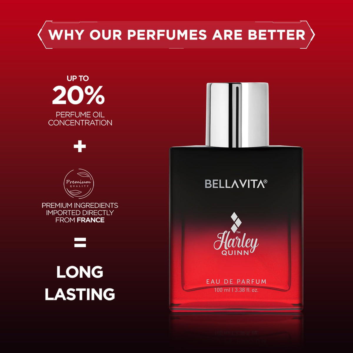 Bellavita Harley Quinn perfume bottle with promotional text on a red background