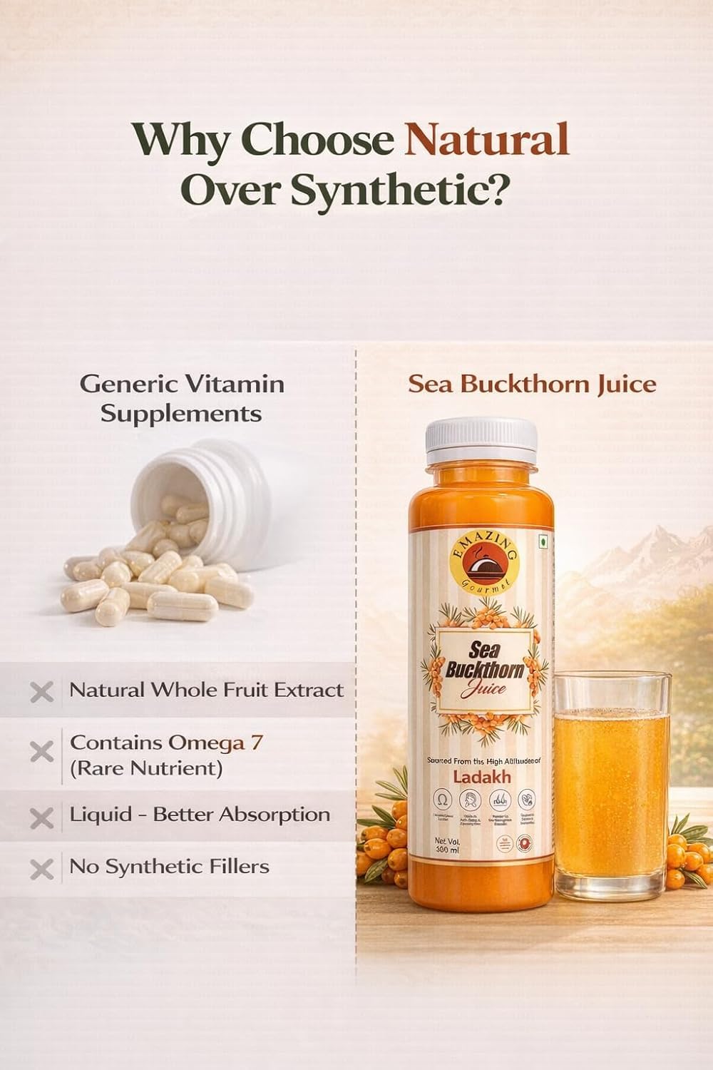 Emazing Gourmet Ladakh Sea Buckthorn Pulp Concentrate 300ml | Cold-Pressed | Makes 50 Glasses | Rich in Natural Vitamin C, Omega 3 6 7 9 & Antioxidants | Immunity, Skin Glow & Gut Health Support | Juice Sea Buckthorn