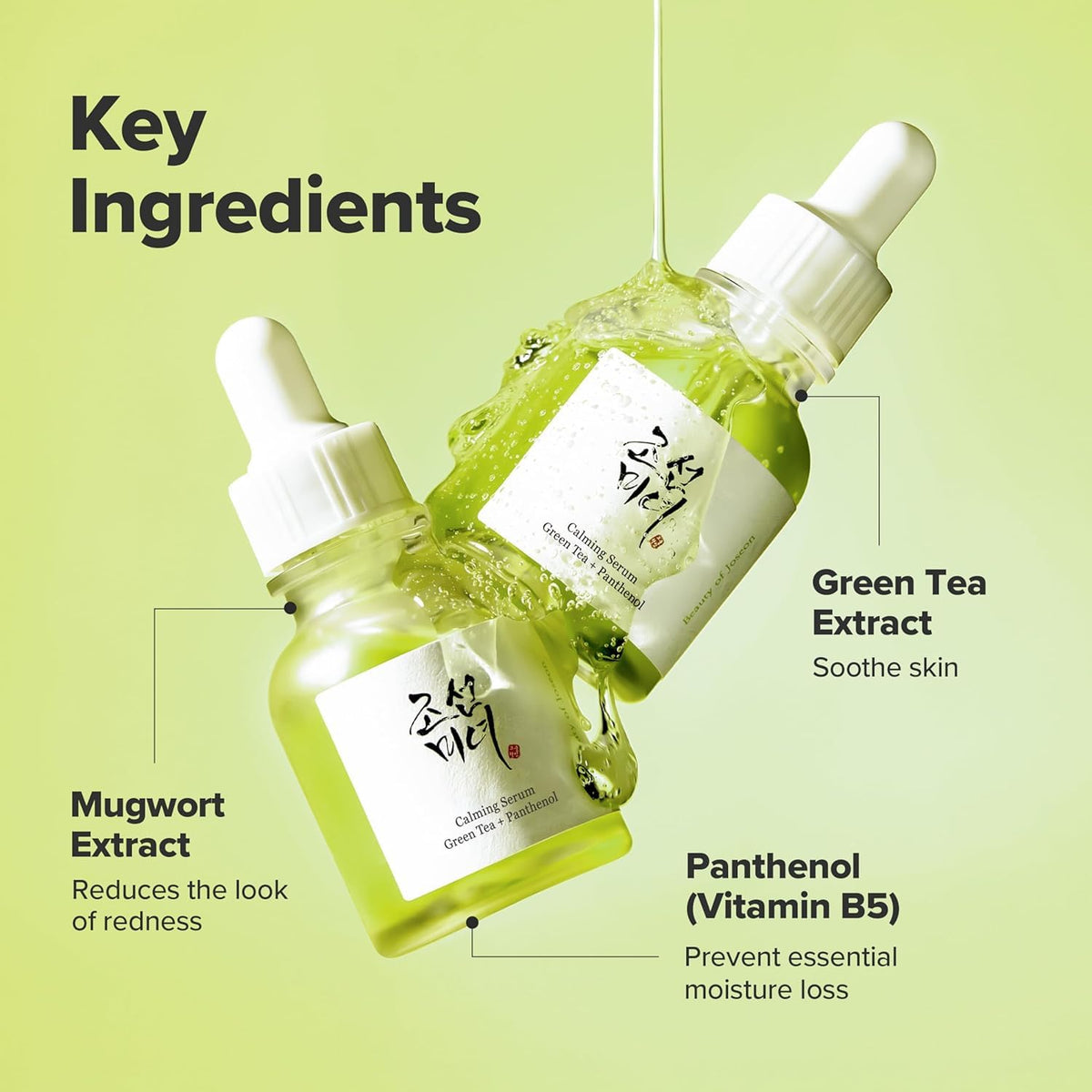 Two dropper bottles with green liquid on a light green background, highlighting key ingredients.