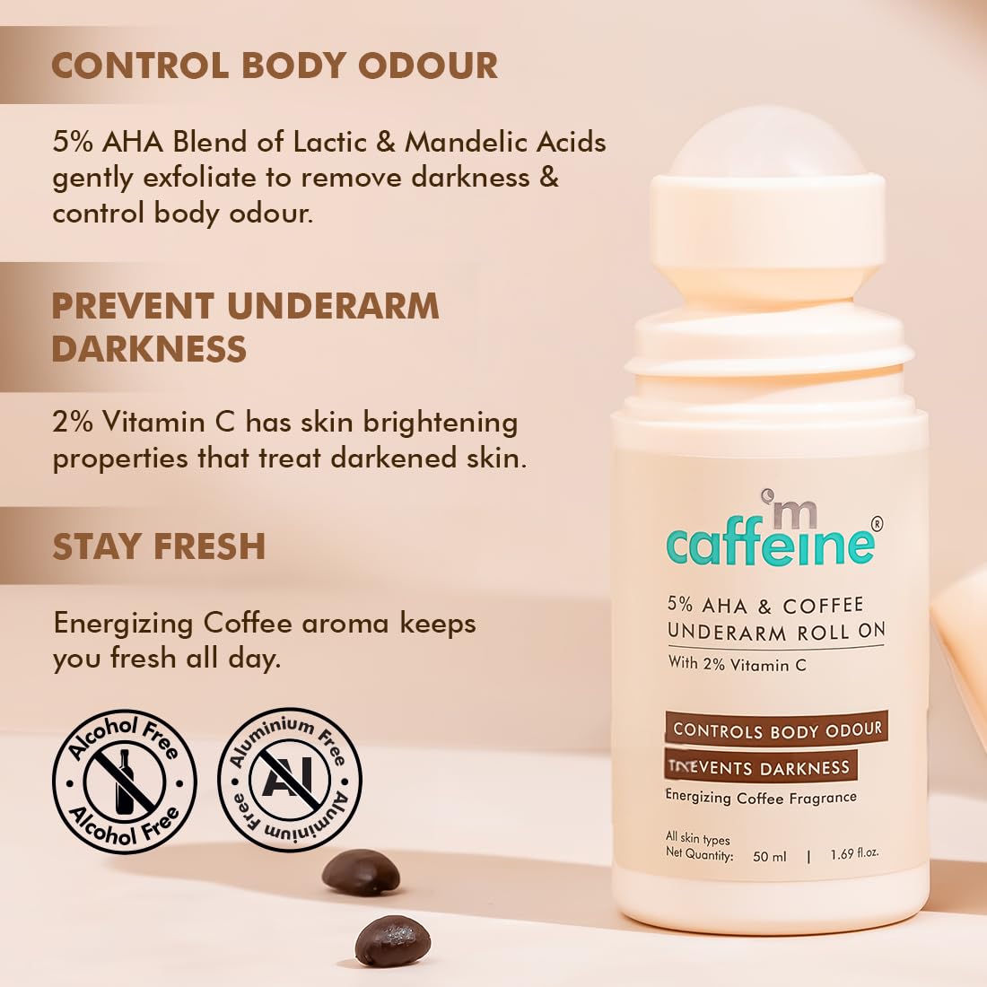 Caffeine brand underarm roll-on with product details on a beige background