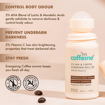 Caffeine brand underarm roll-on with product details on a beige background
