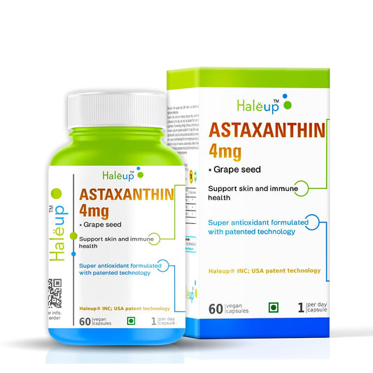 Haleup Plant Based Astaxanthin 4 mg with Grape Seed Supplement I 60 Veg Capsules I Supports Eye, Joint & Skin Health I Boosts Immune System
