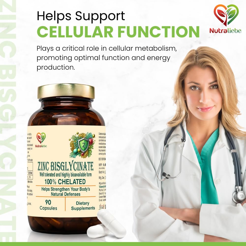Nutraliebe Zinc Bisglycinate – High Absorption Zinc for Immune Support, Skin Health, and Cellular Function – 90 Capsules