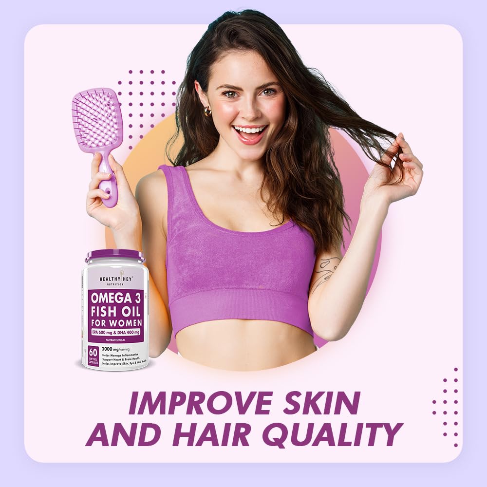 Woman holding a pink hairbrush and Omega 3 Fish Oil supplement with text on a light purple background