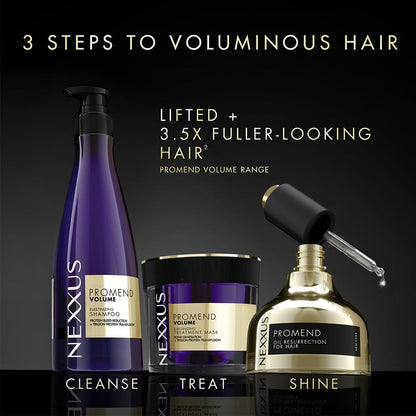 Nexxus hair care products with '3 Steps to Voluminous Hair' text on a dark background
