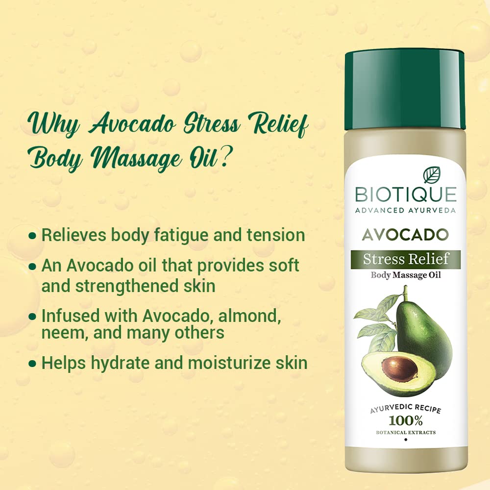 Biotique Avocado Stress Relief Body Massage Oil bottle with product features on a beige background