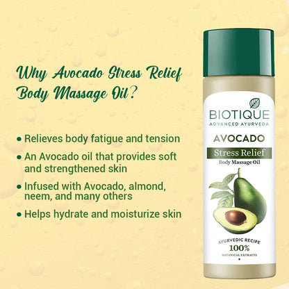 Biotique Avocado Stress Relief Body Massage Oil bottle with product features on a beige background