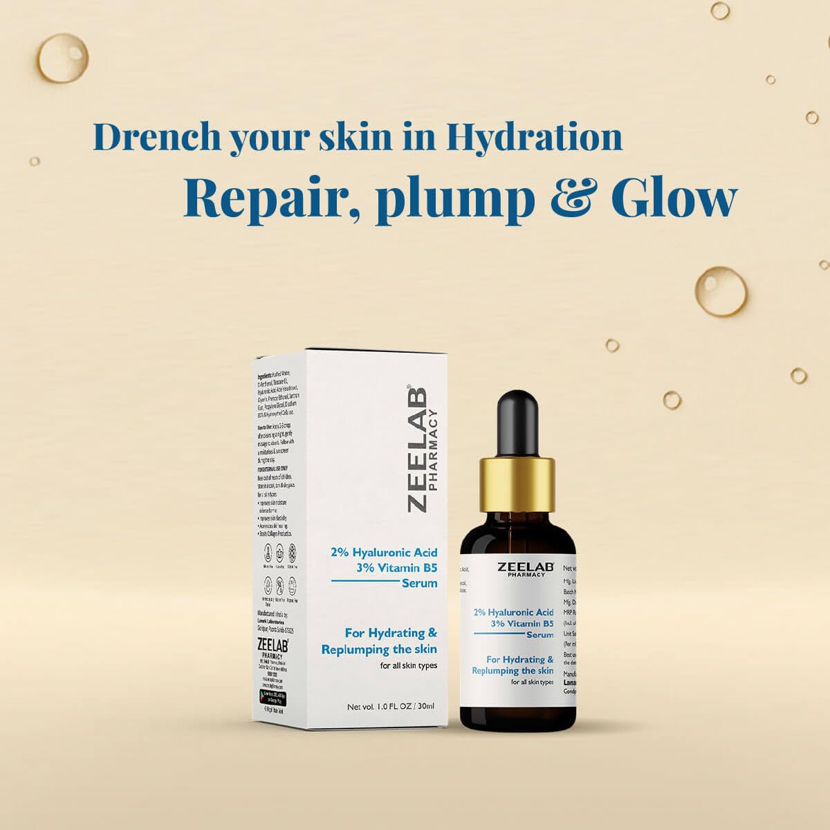 Zeelab skincare serum bottle and packaging on a beige background with text about skin hydration.