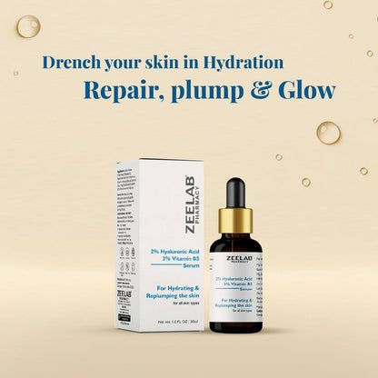 Zeelab skincare serum bottle and packaging on a beige background with text about skin hydration.