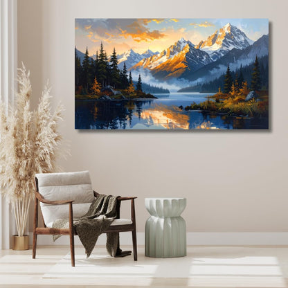 Luxury Artistic Snow Mountain Painting For Living Room Big Size | Nature Canvas Landscape Wall Art Painting For Bedroom, Office | Large Size Mountain Snow Peak With Lake Wall Art | Premium Home Decor (40 X 24 INCH, Unframed - LARGE)