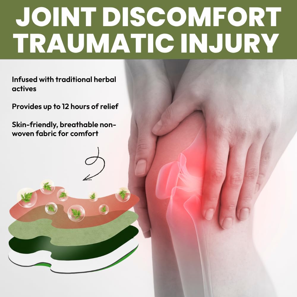 Advertisement for joint discomfort relief product with a person holding a knee and text about traditional herbal active ingredients.