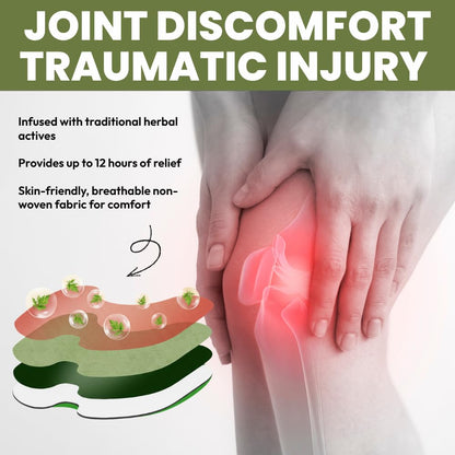 Advertisement for joint discomfort relief product with a person holding a knee and text about traditional herbal active ingredients.