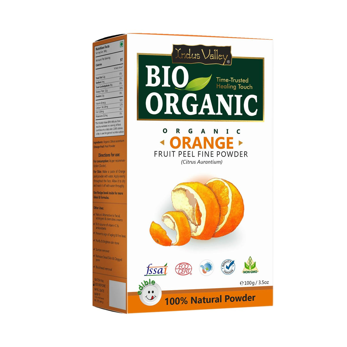 Box of Bio Organic Orange Fruit Peel Fine Powder with orange slices on a white background