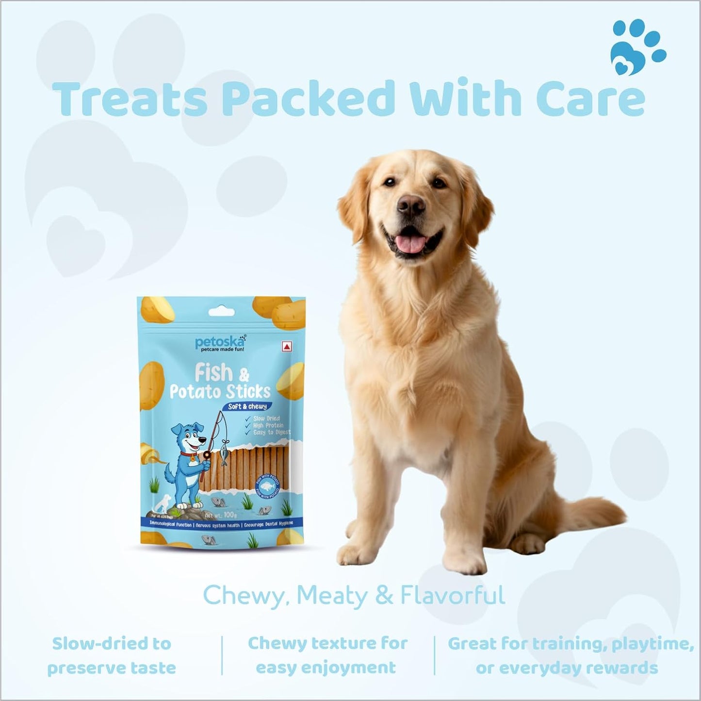 PETOSKA Potato Fish Sticks- 100gms | Crunchy Dog Treats | Dog Treats with Fish & Potato | Highly Nutritious | Easy to Digest | Dental Hygiene | Suitable for All Dog Breeds | Pack of 1