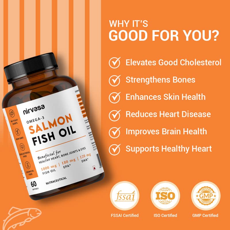 Nirvasa Omega-3 Salmon Fish Oil Capsules (1000mg, 60 Softgels) | High-Potency 180mg EPA & 120mg DHA | Supports Heart, Brain, Eye & Bone Health | No Fishy Burps | For Men & Women