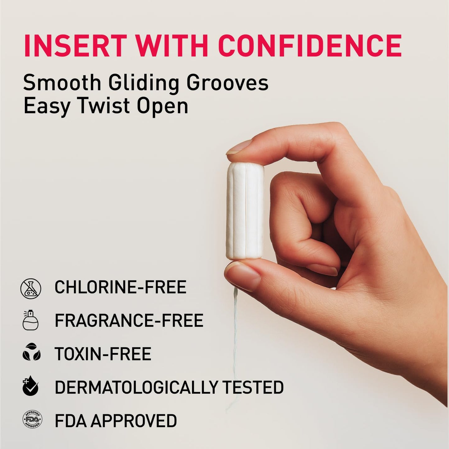 Hand holding a product with text about smooth gliding grooves, easy twist open, chlorine-free, fragrance-free, toxin-free, dermatologically tested, and FDA approved.