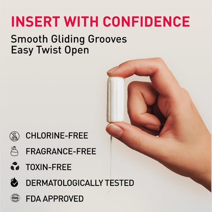 Hand holding a product with text about smooth gliding grooves, easy twist open, chlorine-free, fragrance-free, toxin-free, dermatologically tested, and FDA approved.