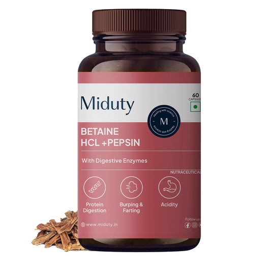 Zephivo Miduty by Palak Notes Betaine HCL + Pepsin, Betaine HCL Pepsin Capsules Pepsin for Digestion Acidity & Indigestion Betaine HCL Supplement - 60 Capsules