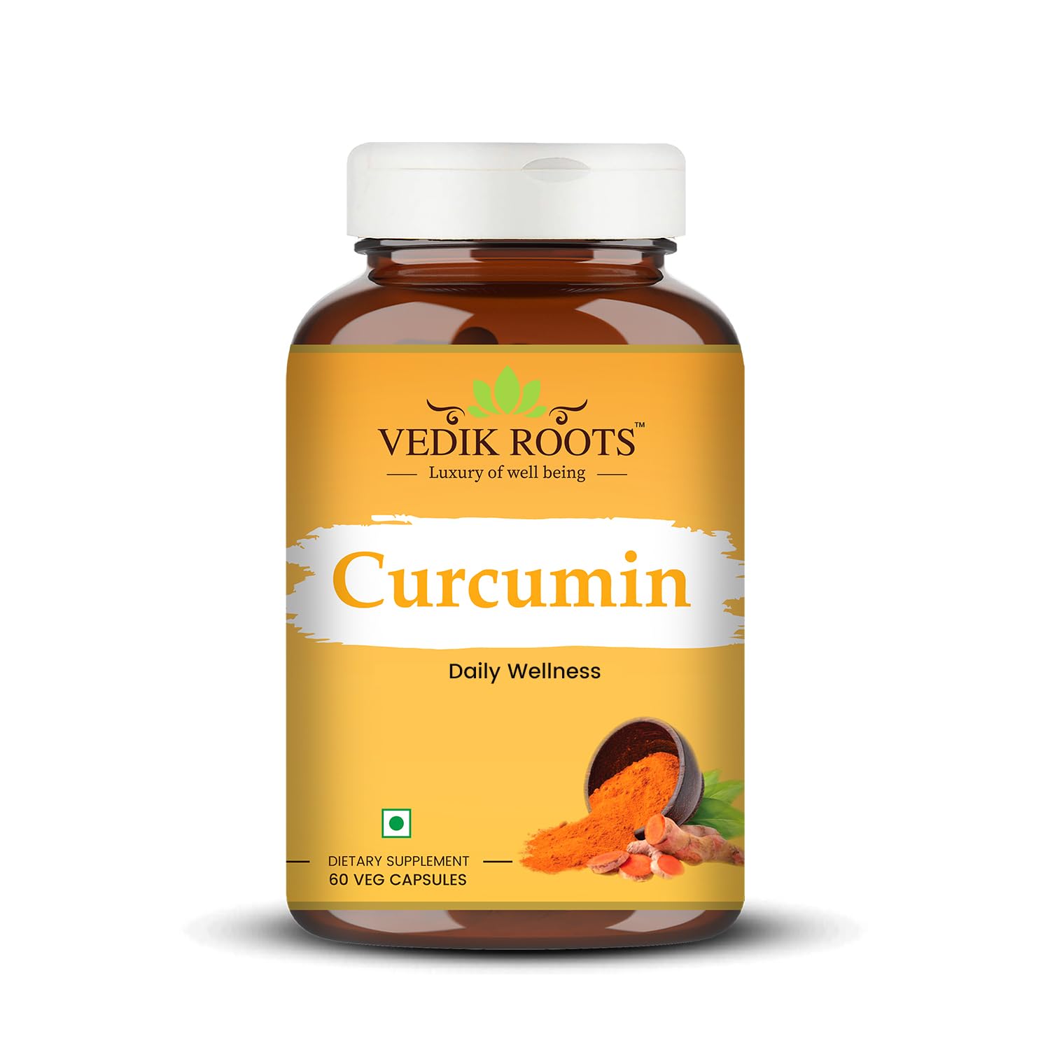 Vedik Roots Curcumin supplement bottle on a white background