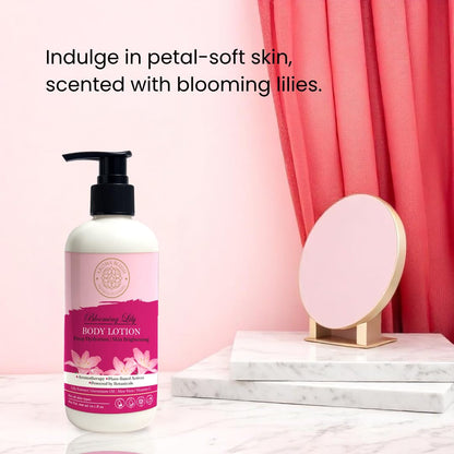 Body lotion bottle with pink label on a marble surface with a pink curtain background