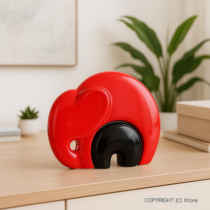 Xtore Home Décor Lucky Charm Elephant Mother & Child | Piano Finish Ceramic Figures - (Set of 2 piece, Red and Black)