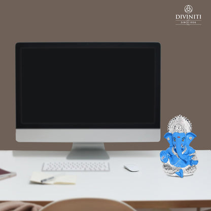 999 Silver Plated Resin Lord Ganesha Idol for Car Dashboard, Tabletop|Ganesh Statue for Good Luck and Success|Ganpati Murti for Home Decor Mandir, Office Desk Puja Gift Blue (8.4x4.2cm)