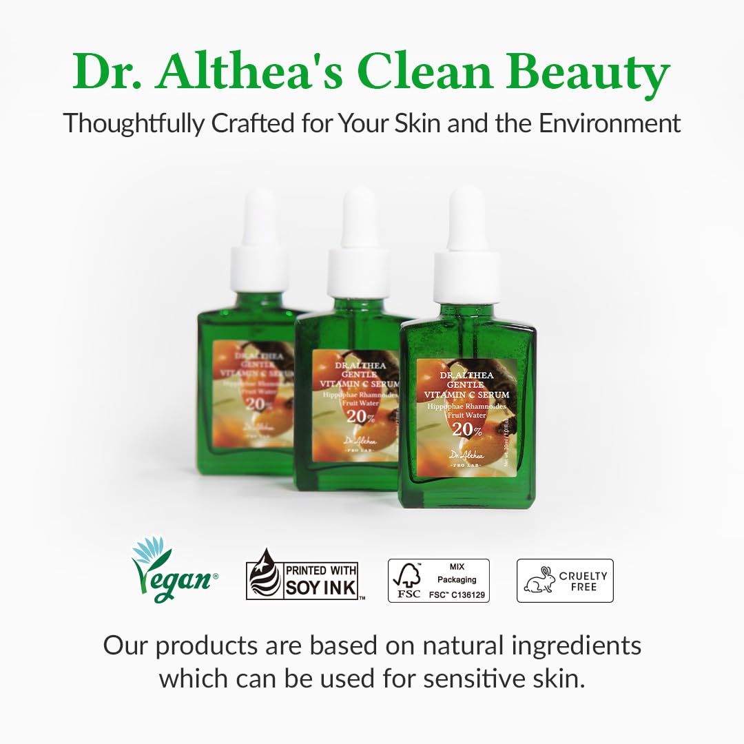 Green bottles with Dr. Althea's Clean Beauty branding on a white background