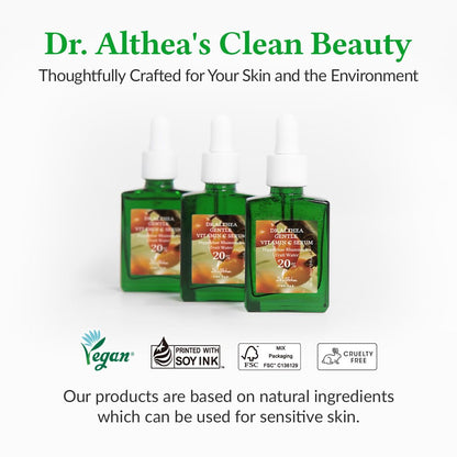 Green bottles with Dr. Althea's Clean Beauty branding on a white background