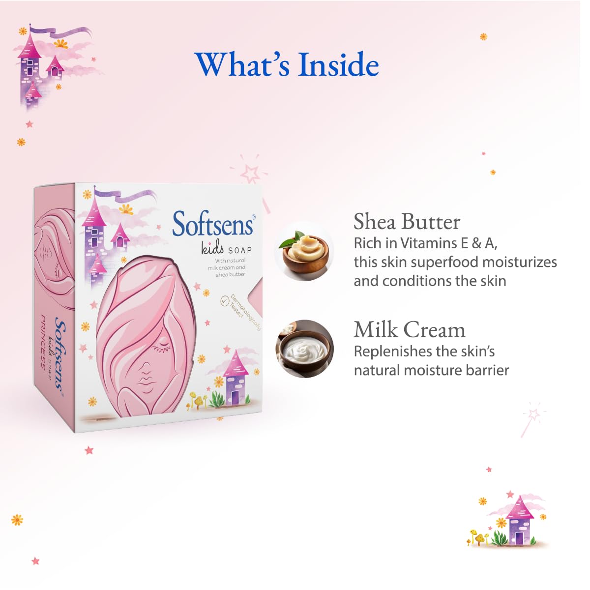 Softsens Kids Soap Princess 75g | Gentle Nourishing Care with Shea Butter & Natural Milk Cream, Dermatologist Tested Baby Soap, Moisturizing Fun Shape Bar Soap For Toddlers & Kids 2-10 Years