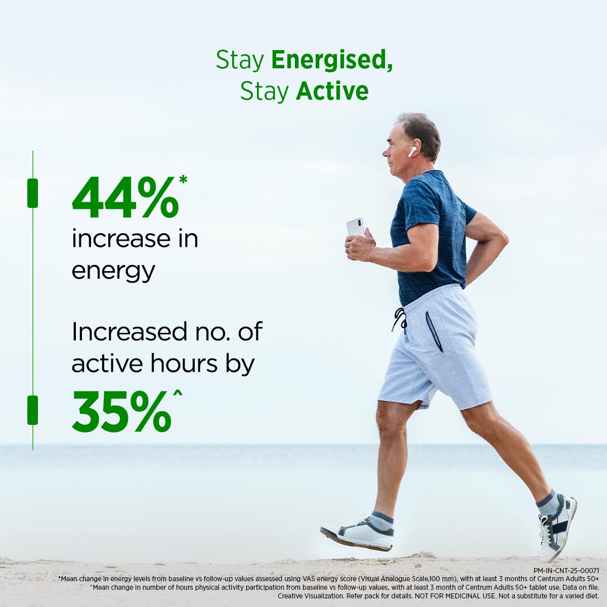 Man running on a beach with fitness stats displayed