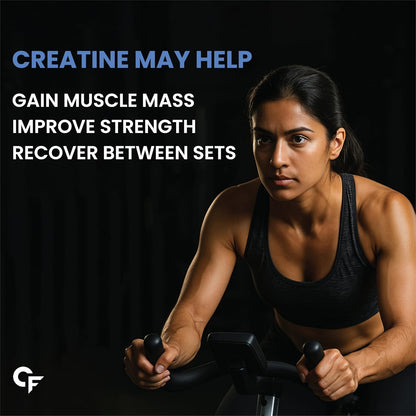 Woman exercising on a bike with text about creatine benefits on a dark background