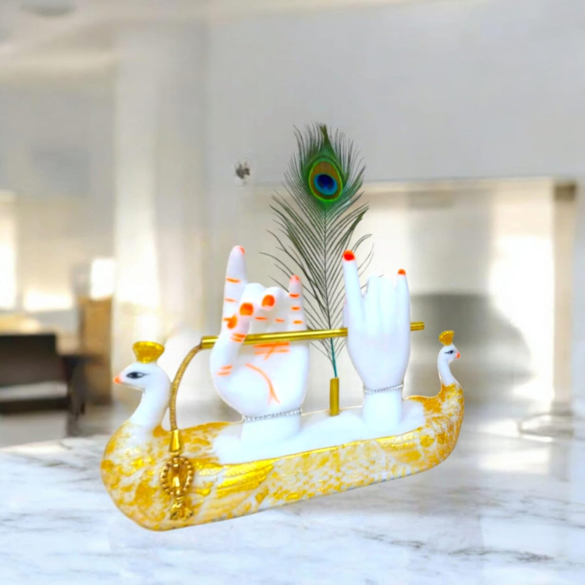 Krishna Hands with Flute Idol, Divine Hand Statue with Peacock Feather, White and Gold Decorative Figurine