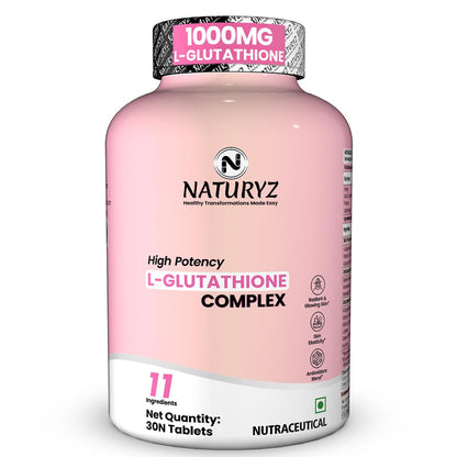 Pink supplement bottle labeled 'Naturyz' with '1000MG L-Glutathione Complex' on a white background