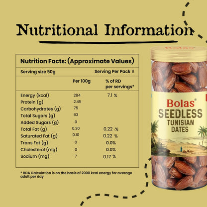 Bolas Seedless Tunisian Dates 400g | Khajur/Khajoor | Naturally Sweet | No Added Sugar | No Preservatives | Rich in Fibre & Vitamins | Healthy Snack