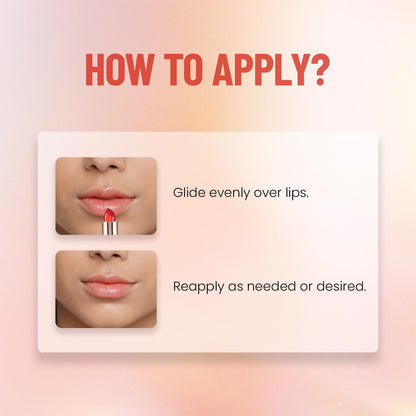 Instructions on how to apply lipstick with a close-up of lips and a lipstick applicator.