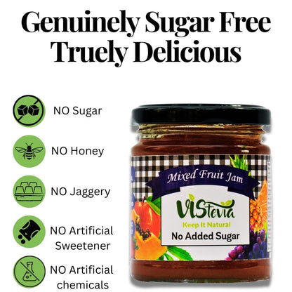 VIStevia Sugar Free Mixed Fruit Jam (220g) | Diabetic & Keto Friendly | Sweetened with Stevia and Erythritol | 100% natural | More than 60% whole fruit | Tastes delicious