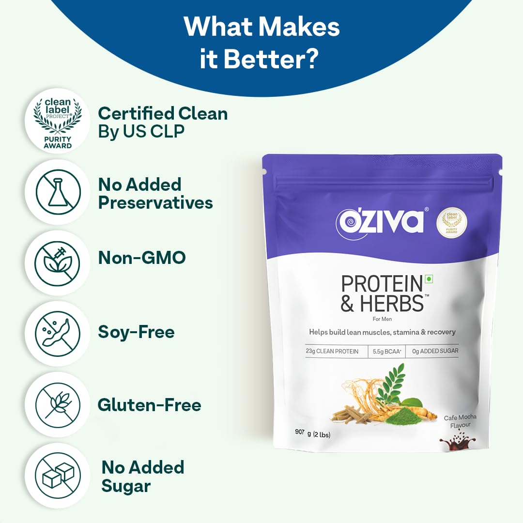 OZiva Protein & Herbs for Men (Cafe Mocha) I Muscle Building, Stamina & Recovery | Clean Protein, Shatavari, Green Tea I No Added Sugar, 2lbs (907 gm)
