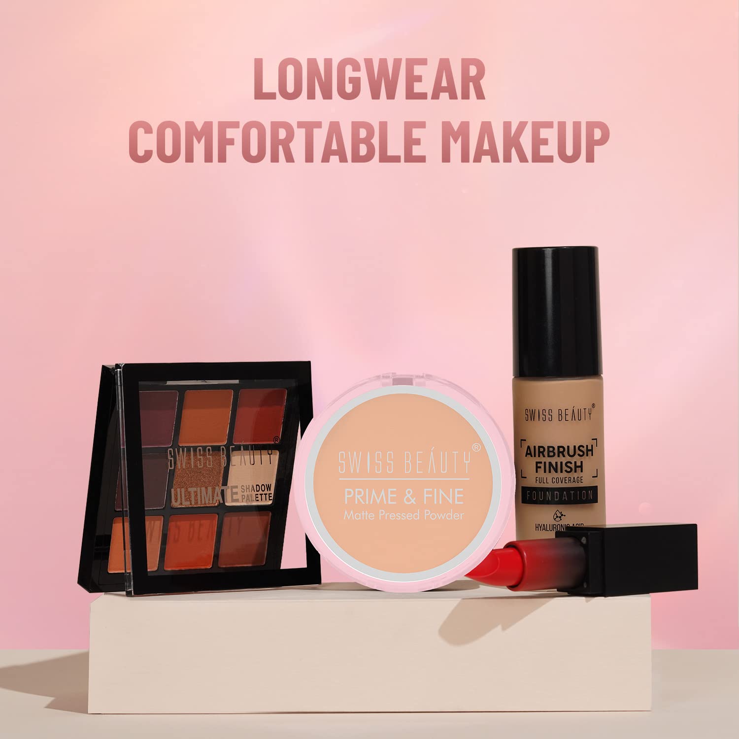 Makeup products including a palette, compact, and bottle with 'Longwear Comfortable Makeup' text on a pink background.