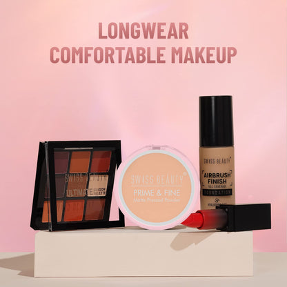 Makeup products including a palette, compact, and bottle with 'Longwear Comfortable Makeup' text on a pink background.