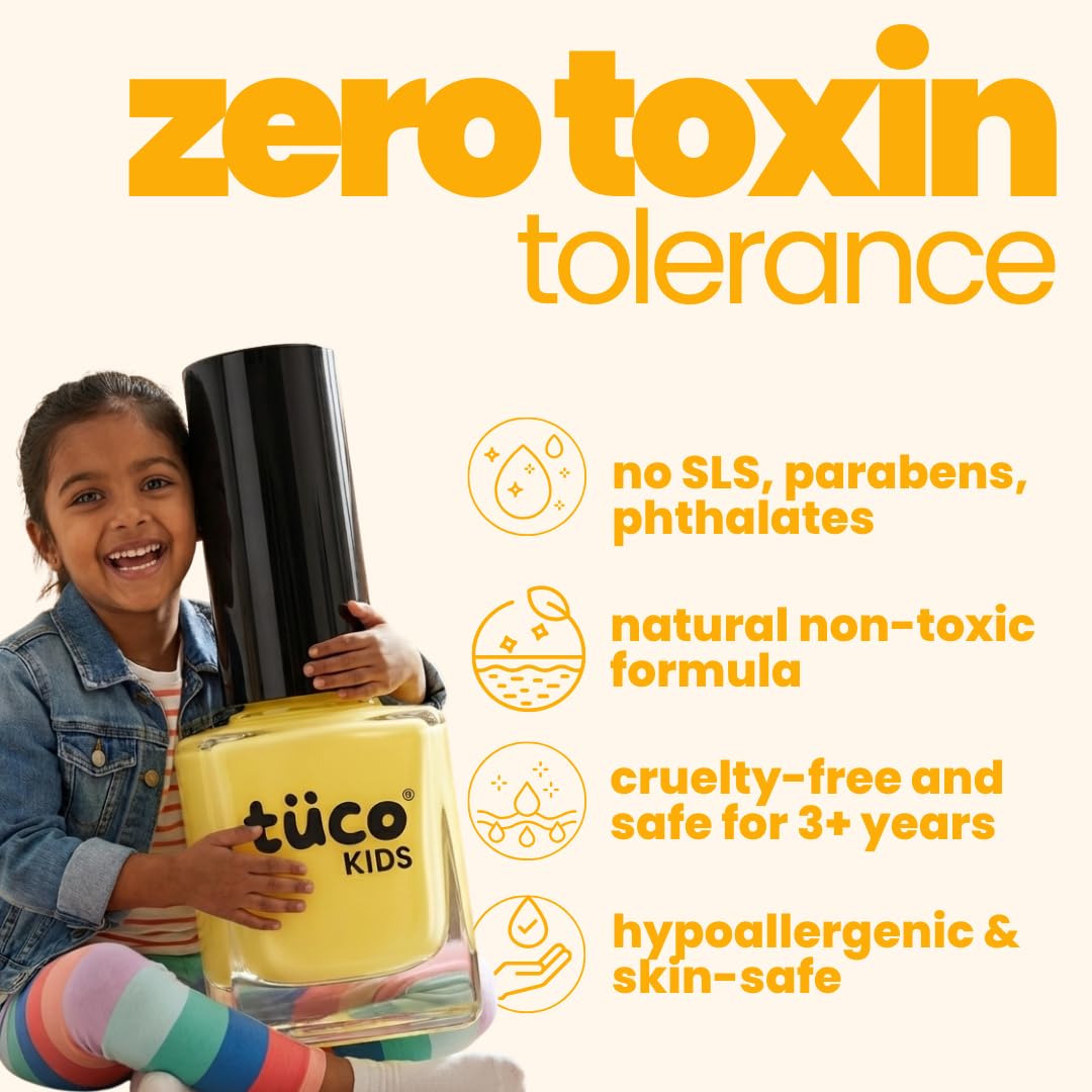 Child holding a large bottle of tüuco Kids nail polish with zero toxin tolerance text and benefits listed.