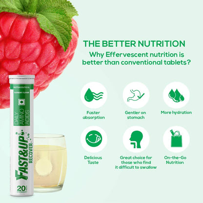 Fast&Up Recover supplement with a raspberry and glass of liquid on a light green background