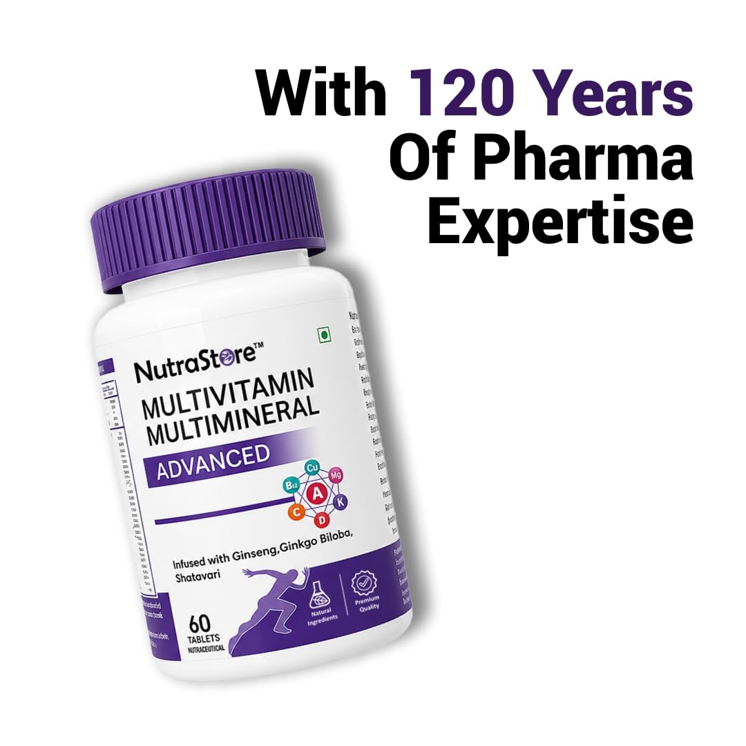 NutraStore Multivitamin Multimineral Advanced Tablets for Men & Women | With Ginseng, Ginkgo Biloba & Shatavari | Vitamins A, C, D3, K2, B12 for Energy, Immunity, Muscle Recovery & Wellness | 60 Veg Tablets
